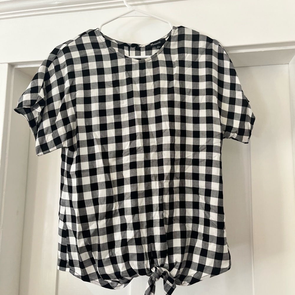 Madewell Black and White Boxy Tie Front Blouse